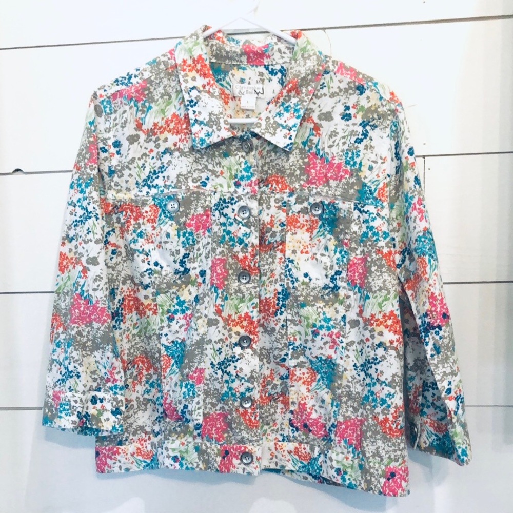 Christopher & Banks Floral Button-Up Jacket Lightweight Linen Rayon Blend Large